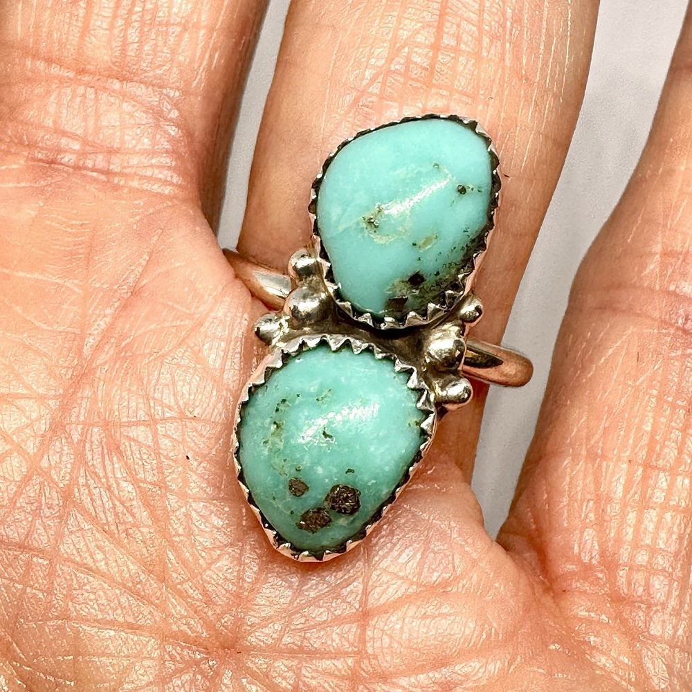 Navajo Turquoise Ring Sz‎ 9 Two Stone Signed P Spencer Native American Handmade